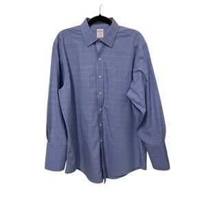 Brooks Brothers Blue Windowpane Non-Iron Dress Shirt Mens 16.5-32 French Cuff
